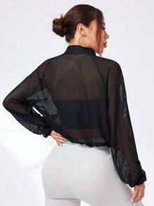 Easithlete 女式運動高領外套,網眼透視性感上衣,設有口袋,長袖運動夾克,適用於跑步、健身、戶外活動 - 黑色 - 查看 2