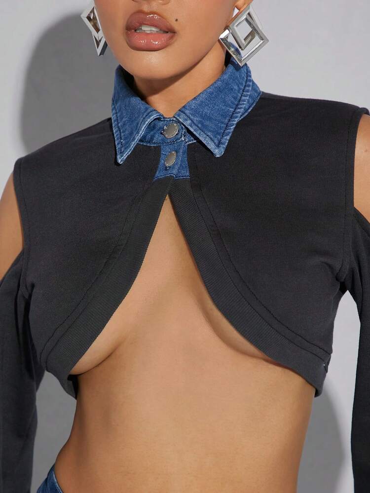 カットオフショルダー デニムジャケット クロップド ブラなし