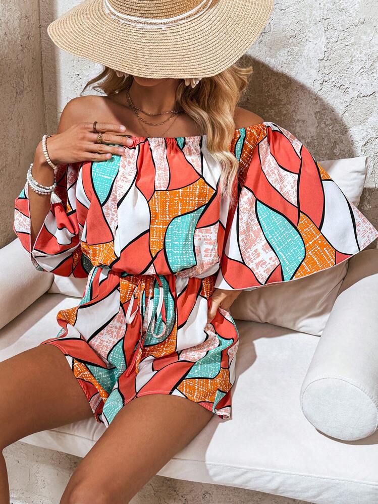 Breezaya Women's Holiday Geometric Printed Off Shoulder Flared Sleeve Romper - Multicolor - View 5