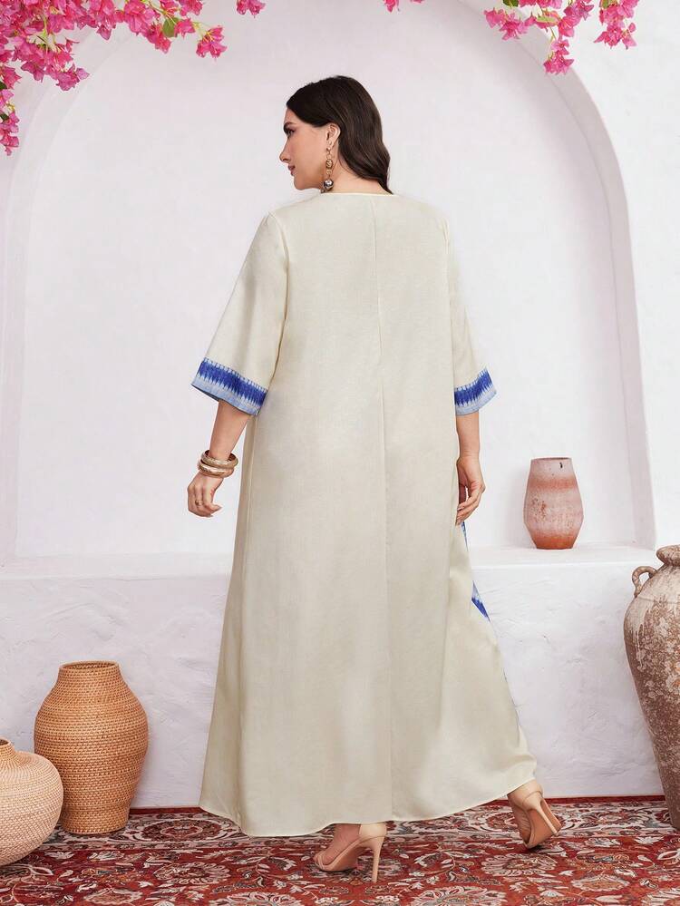 Plus Size Women's Arabic Style Botanical Printed Round Neck Clothing