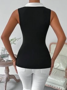 VaVaBold 女士夏季拼色无袖背心 图案 T 恤 女士上衣