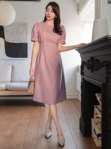 DAZY Vestido de verano de mujer de manga abultada con cuello redondo y unicolor - Rosa - Ver 5