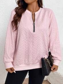 SHEIN LUNE Kích thước lớn Màu thuần Dây kéo nửa Áo nỉ - Bụi hồng - Xem 3