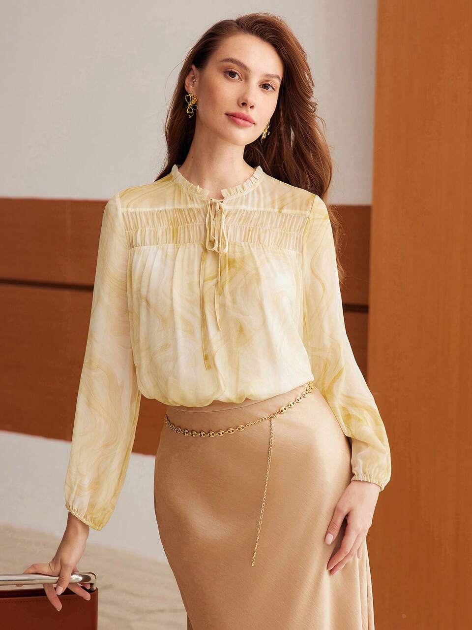 MOTF SILK FRILL TRIM TIE NECK RUCHED PANEL BLOUSE