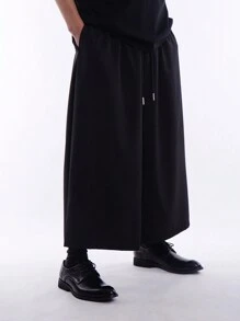Chillumni 男士抽绳腰斜口袋裤 加大码长款褶皱男式纯黑色 秋季外出裤 - 黑色 - 查看 1
