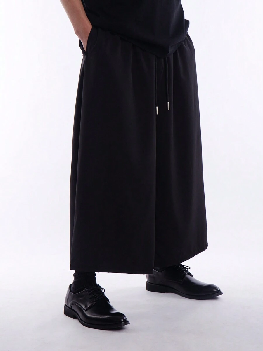 Chillumni 男士抽绳腰斜口袋裤 加大码长款褶皱男式纯黑色 秋季外出裤 - 黑色 - 查看 1