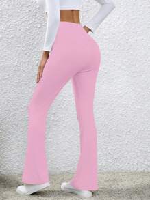 SHEIN LUNE 女士純色肋紋喇叭褲,適用於休閒場合 - 粉色 - 查看 7