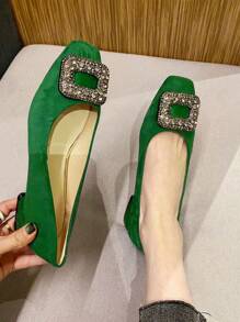 Fall/Winter Fashionable Classic Suede Chunky Heel Square Toe Pumps With Full Rhinestone Buckle Detailing For Women,Flats - Green - View 6