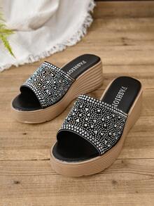 女式厚底楔跟鑲鑽涼鞋,時尚舒適,適合戶外活動,黑色 - 彩色 - 查看 7