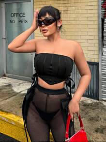 SHEIN SXY Side-Crossed Lace Up Cropped Bandeau Top - Black - View 1