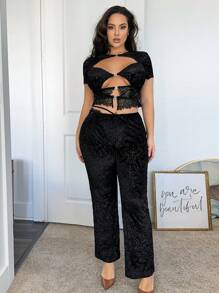 SHEIN SXY Übergröße Elastische Taille Spitzen Detail Gerade Bein Hose Für Freizeitkleidung