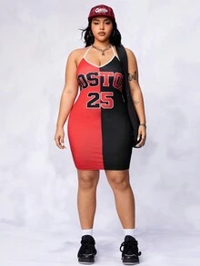 SHEIN Coolane Plus Two Tone Letter Graphic Halter Dress - Multicolor - View 4