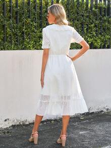 SHEIN Clasi Váy thắt lưng chấm bi kiểu Thụy Sĩ có viền xếp nếp Váy tắm cho cô dâu - trắng - Xem 2