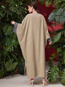 Al Najma Print Patchwork Double Pockets Batwing Sleeve Dress Kaftan Jalabiya Dress - Apricot - View 4