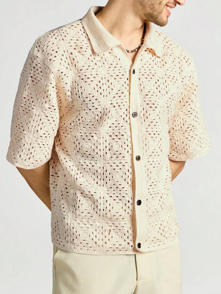 Men's Solid Color Hollow Out Knitted Turn-Down Collar Sweater