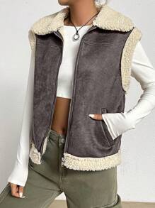 SHEIN EZwear Chaleco Con Parches De Piel Y Piel - Caqui - Ver 4