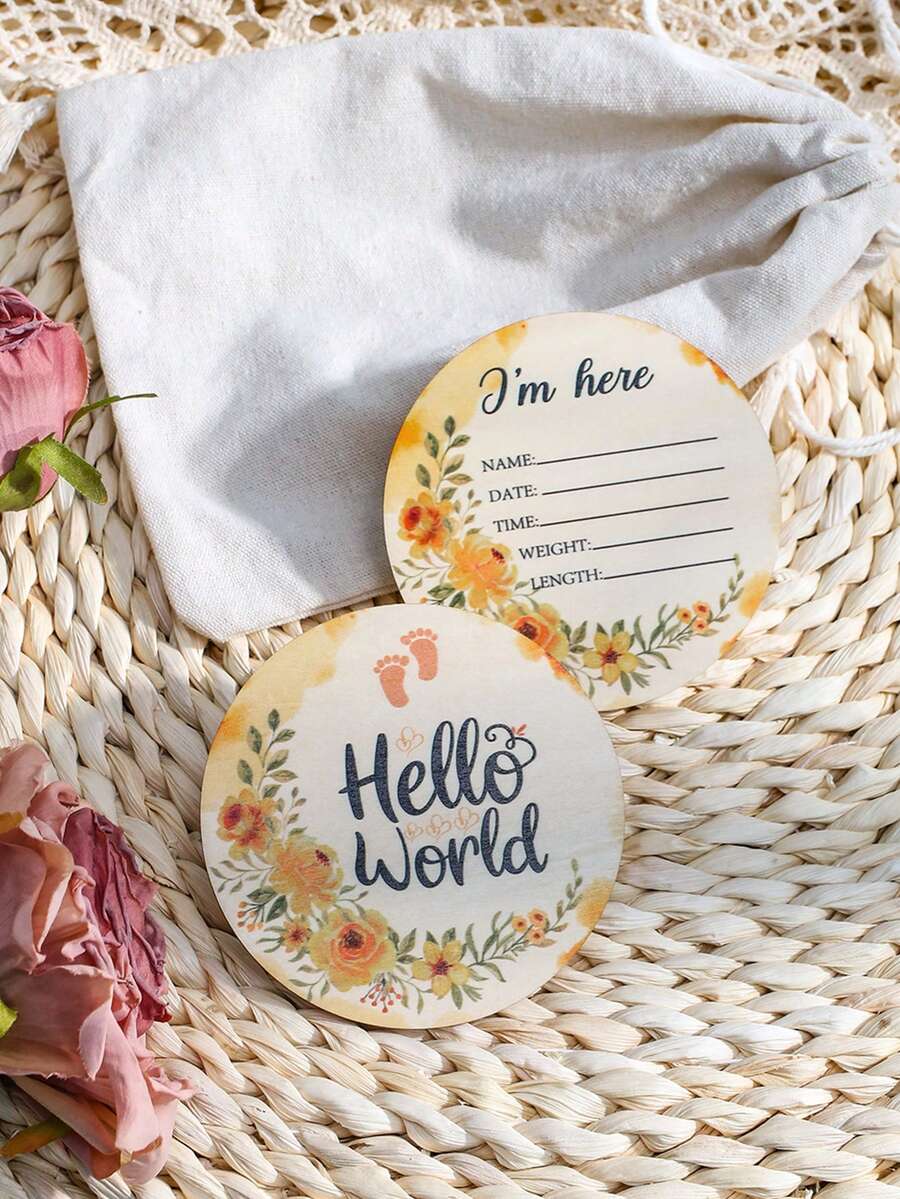 2pcs/Set Newborn Baby Birth Announcement & Milestone Wooden Cards - Multicolor - View 1