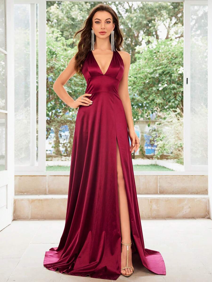 MUXXN 1950年代复古V领露背缎面鸡尾酒礼服，正式舞会礼服，婚礼宾客礼服，春季优雅晚宴礼服 - 紅色 - 查看 1