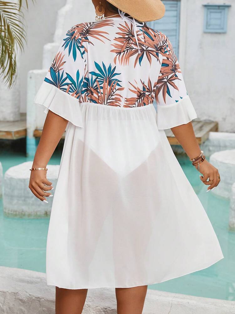 Plus Size Women's Tropical Plant Print Waist Tie Coat