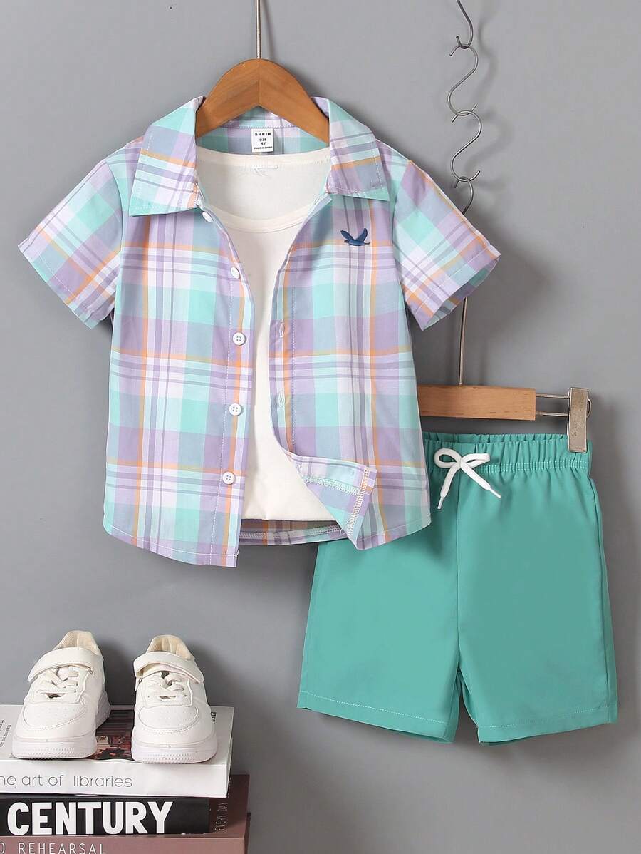 SHEIN Young Boy Plaid Breathable 2 Pieces Set, Suitable For Getaways, Holidays, Travels, Relaxation, Sunbathing, Summer, School, Campus, College - Green - View 1