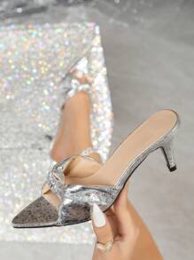 Giày sandal cao gót mũi nhọn gợi cảm dành cho nữ, giày bít mũi màu bạc ánh kim lấp lánh, giày cưới kiểu mule xỏ chân cho mùa hè, giày cao gót gót nhọn. - Bạc - Xem 5