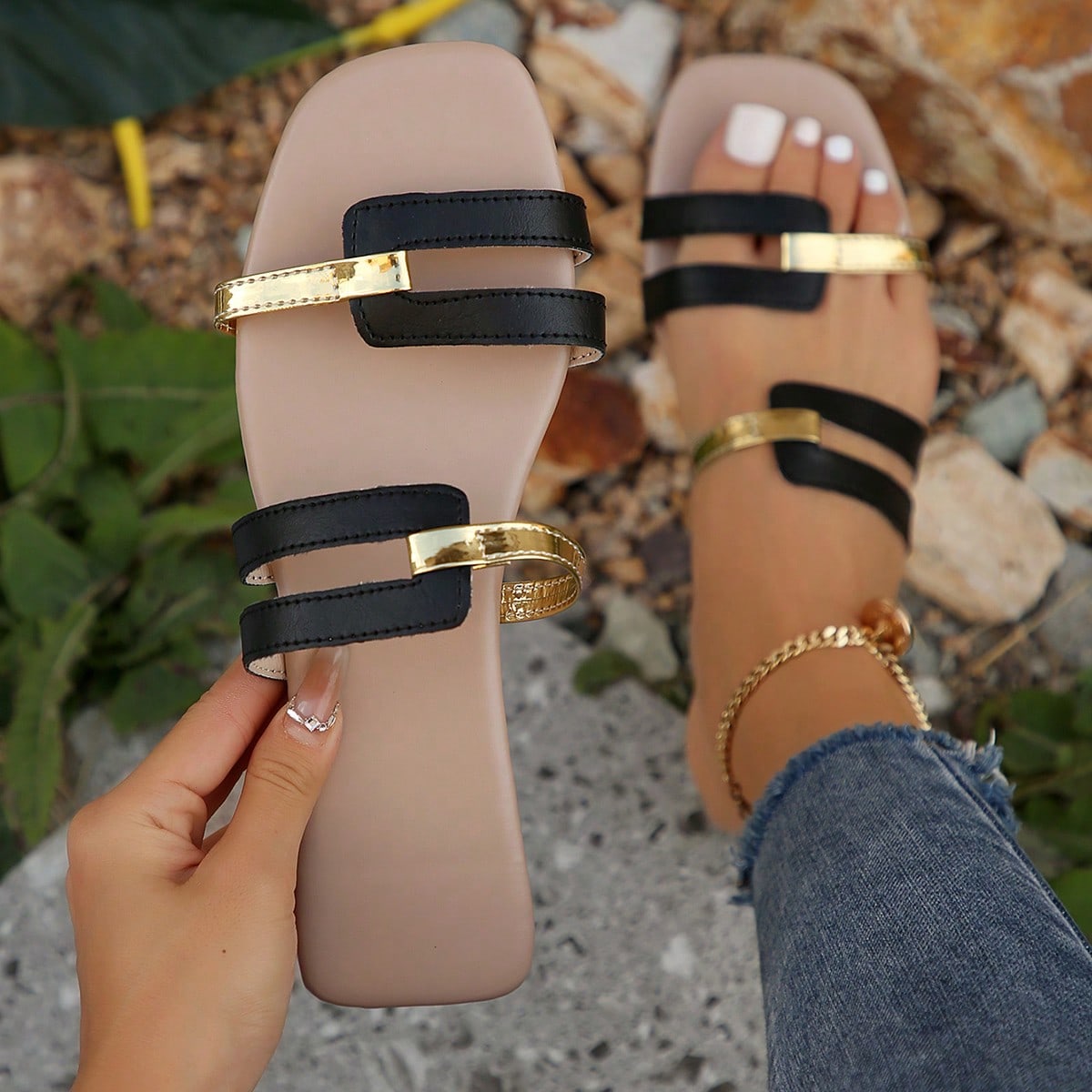 Sandalias y pantuflas planas de moda casual para mujer, cómodas, para atuendos de primavera y verano