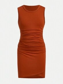 SHEIN Cô gái Tween Dệt kim Màu thuần Không tay Tròn Đường viền cổ áo Xù Đầm giản dị - màu nâu - Xem 1