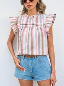 SHEIN Clasi Striped Ruffle Trimmed Decoration Casual Shirt Pink Shirt - Multicolor - View 1
