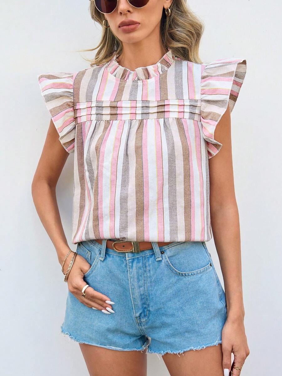 SHEIN Clasi Striped Ruffle Trimmed Decoration Casual Shirt Pink Shirt - Multicolor - View 1