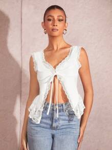 SHEIN BAE 夏季約會和日常穿著的蕾絲拼接蝴蝶結綁帶無袖背心