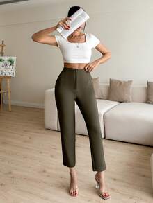 SHEIN Cottnline Ladies Pleated Solid Colored Pants - Khaki - View 3
