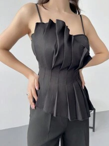 Firerie Solid Color Pleated Asymmetrical Hem Camisole Top - Black - View 6