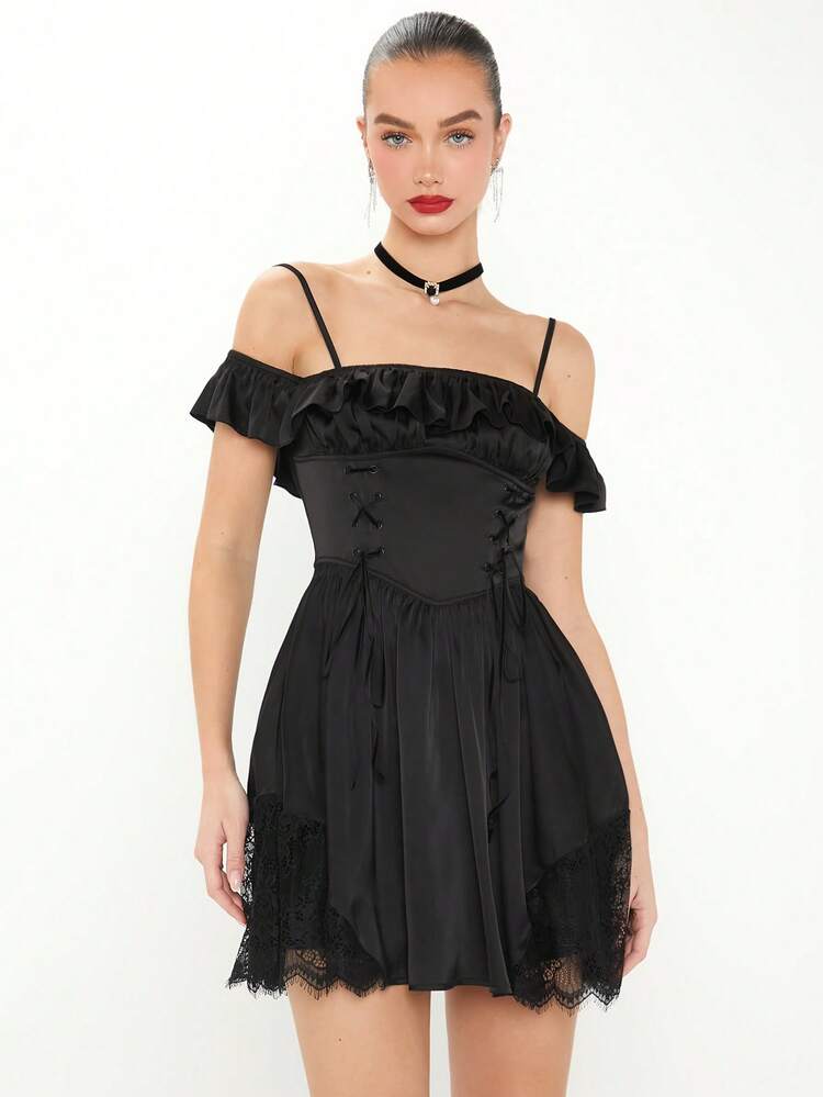 Summer Women's Solid Color Splice Off Shoulder Ruffle Hem Cute Dress