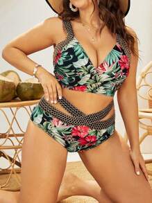 SHEIN Swim Curve 夏季大码热带印花拼布泳衣套装 - 彩色 - 查看 5