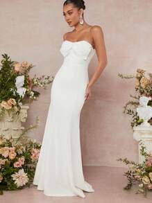 SHEIN Unity 亮片蝴蝶结筒形鱼尾下摆连衣裙 - 白色 - 查看 4