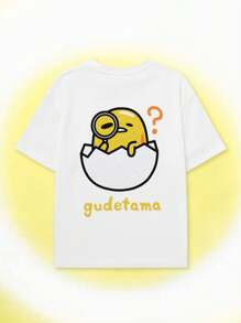 Gudetama X SHEIN Tween男孩卡通&字母圖形下垂肩t恤 - 白色 - 查看 2