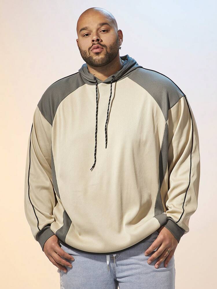 Men's Plus Size Casual Drawstring Sweatshirt With Color Block Patchwork, For Fall Winter