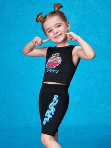 Nick 90s | SHEIN Conjunto De Top Sin Mangas Y Leggings Para Niña Con Estampado De Personaje De Caricatura De Coche - Negro - Ver 9