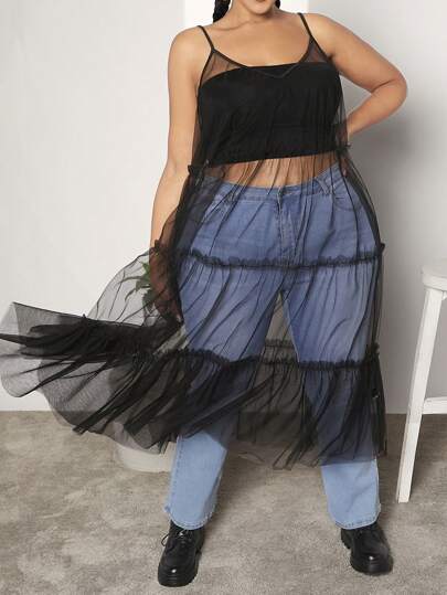 SHEIN CURVE+ 大尺碼女士網絡紗細肩帶連衣裙