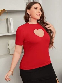 SHEIN Privé T-shirt À Manches Courtes Moulant Grande Taille, Couleur Unie Cœur Creux, Évidé