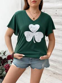 SHEIN LUNE Kích thước lớn Của phụ nữ Màu xanh lá Giải trí Ngày St. Patrick Cỏ ba lá Mẫu Cổ chữ V Ngắn tay Áo thun - màu xanh lá - Xem 3