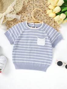 Baby Boy Striped Raglan Short Sleeve Sweater - Blue - View 3