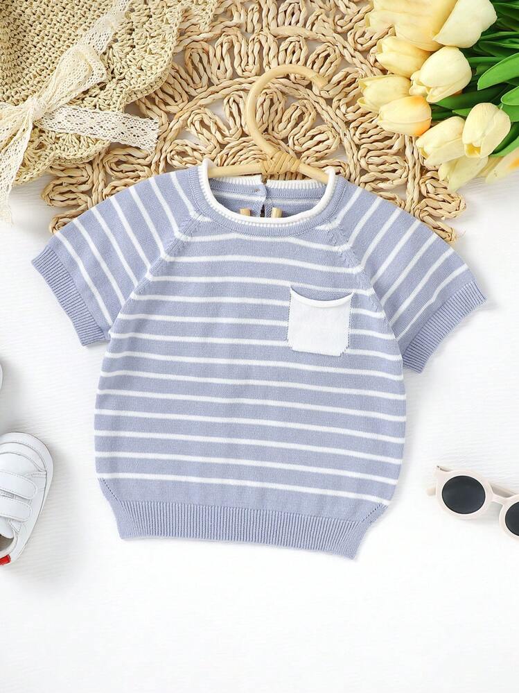 寶寶男童條紋拉格蘭短袖毛衣 - 藍色 - 查看 3