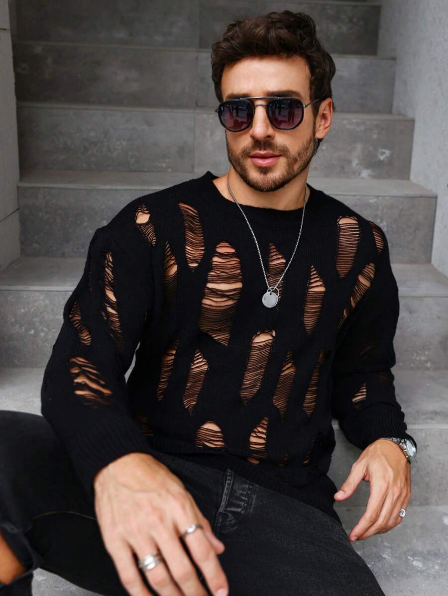 Manfinity Homme 男士做旧镂空针织街头潮流拼色套头长袖上衣，适合外出、朋友聚会、放大男士长袖针织，男士毛衣上衣，男士黑色毛衣，男士针织上衣，适合秋冬 - 黑色 - 查看 1