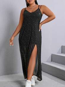 SHEIN CURVE+ Plus Size Shiny Sequin Mesh Split  Hem Thigh Cami Dress - Black - View 4