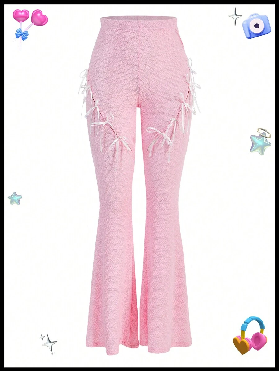 SHEINNeu Màu hồng Cắt ra Coa dây Nơ Dài Quần - Hồng - Xem 1