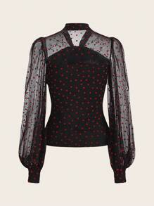 SHEIN Lady Heart Mesh Lantern Sleeve Top - Multicolor - View 9
