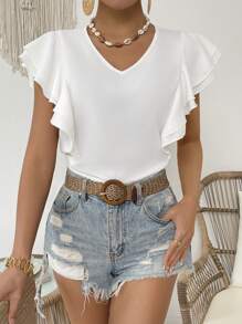 Breezaya Camiseta Corta De Hombro Descubierto Y Detalles De Volantes Para Mujer De Color Sólido - Blanco - Ver 3