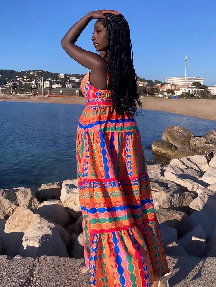 Summer Casual Vacation Suspender V-Neck A-Hem Colorful Plaid All-Over Printed Long Dress Women's Dress