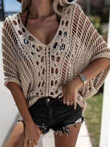 Chiquease 純色寬鬆鏤空針織上衣 - 卡其色 - 查看 5